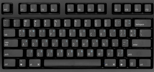 Фото компьютерной клавиатуры с русскими и английскими буквами крупным